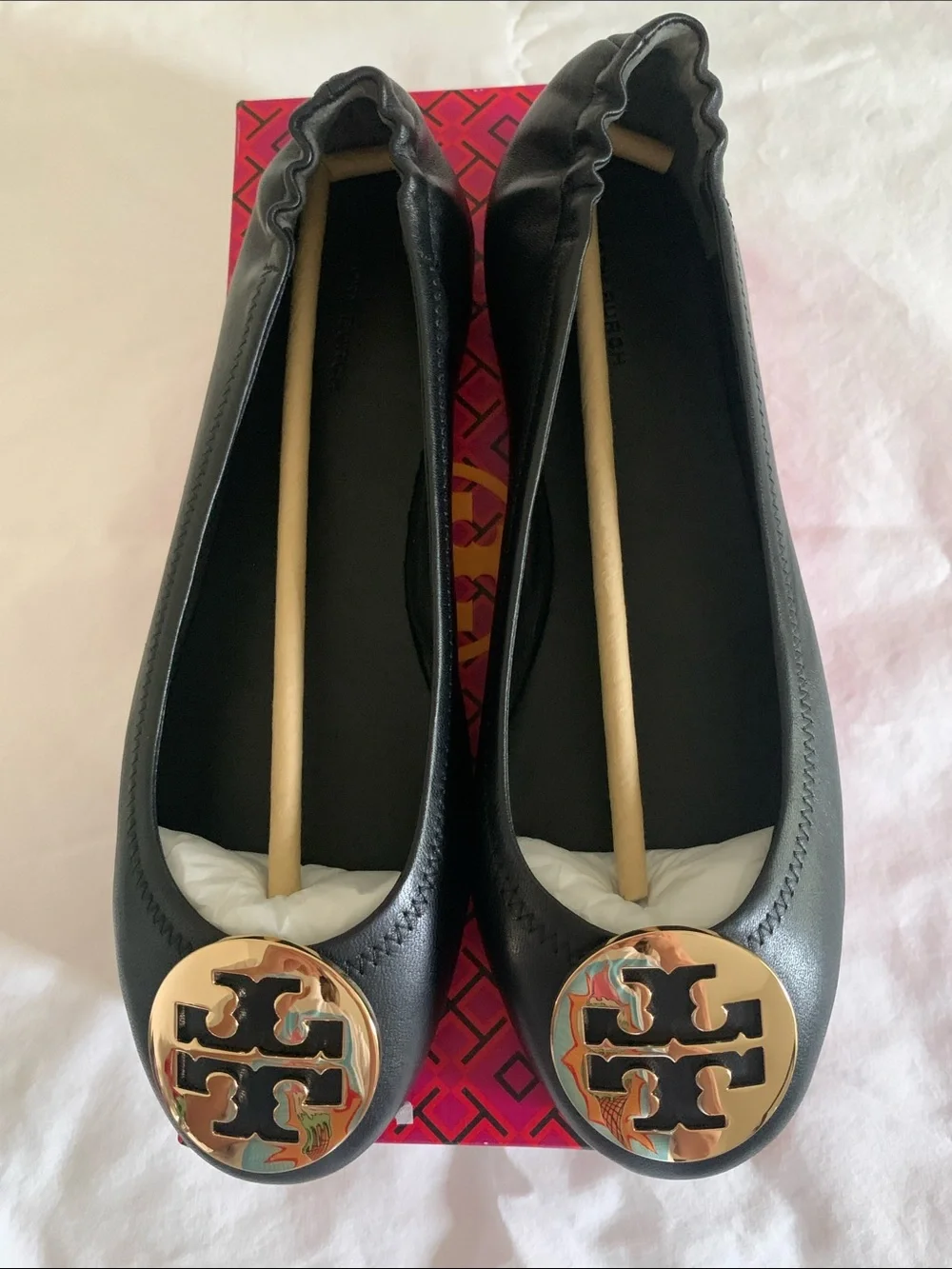 Tory Burch Black Leather Minnie Travel Ballet Flats with Gold Logo s.9.5